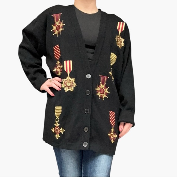 Vintage Jones New York Black Embroidered Medal Cardigan Size Medium 90s - Picture 8 of 10